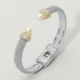 Pearl Tip Two Tone Textured Hinged Cuff Bracelet