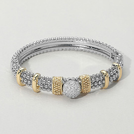 CZ Stone Paved Ball Accent Two Tone Hinged Bangle Bracelet