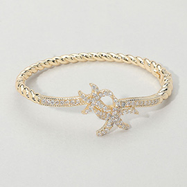 CZ Stone Paved Double Starfish Twisted Hinged Bangle Bracelet