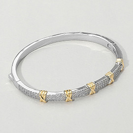 CZ Stone Paved Two Tone Crisscross Accent Hinged Bangle Bracelet