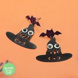 GLOW IN THE DARK Halloween Bat Witch Hat Dangle Earrings