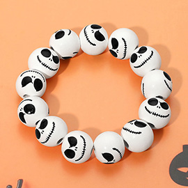 Wooden Skeleton Face Ball Beaded Stretch Bracelet