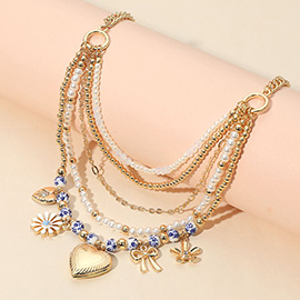 Heart Locket Bow Flower Charm Accent Floral Ceramic Ball Pearl Beaded Multi Layered Necklace