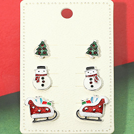 3Pairs - Enamel Christmas Tree Snowman Sleigh Stud Earring Set