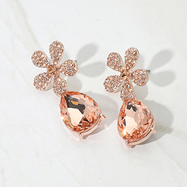 Rhinestone Paved Flower Accent Teardrop Dangle Evening Earrings