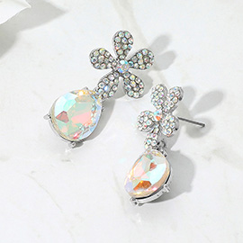 Rhinestone Paved Flower Accent Teardrop Dangle Evening Earrings
