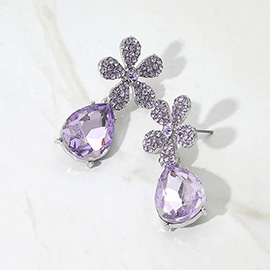 Rhinestone Paved Flower Accent Teardrop Dangle Evening Earrings