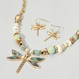 Abalone Dragonfly Pendant Multi Beaded Necklace