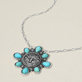 Teardrop Turquoise Stone Accent Boho Western Steerhead Pendant Necklace