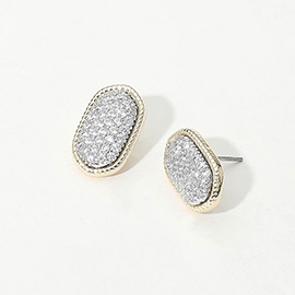 14K Gold Plated CZ Stone Paved Two Tone Oval Frame Stud Earrings