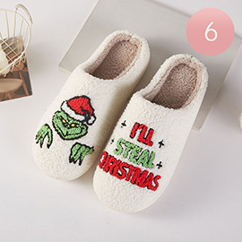 6Pairs - Holiday Green Monster Message Cozy Fleece Home Indoor Floor Slippers