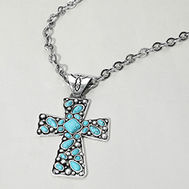 Western Turquoise Stone Embellished Cross Pendant Necklace