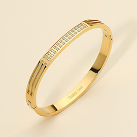 Stainless Steel Two-Row Stone Paved Bar Accent Hinged Bangle Bracelet
