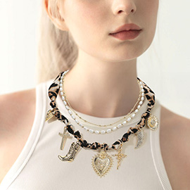 Western Boot Geart Flower Cross Horn Charm Station Beads Pearl Leopard Fabric Chain Layered Necklace