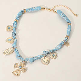 Boho Cross Heart Religious Charm Fabric Braided Necklace