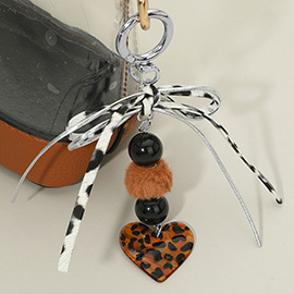 Leopard Bow Pom Pom Multi Beaded Resin Heart Charm Drop Keychain / Bag Charm