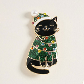 Festive Holidy Santa Hat Black Cat Pin Brooch