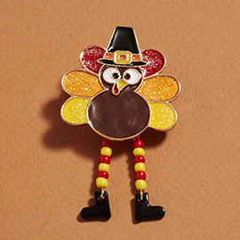 Festive Glittered Thanksgiving Dangling Legs Turkey Pin Brooch