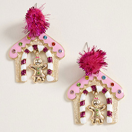Pom Pom Gingerbread House Dangle Earrings