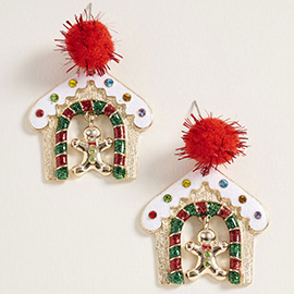 Pom Pom Gingerbread House Dangle Earrings