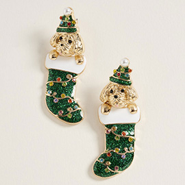 Holiday Lights Christmas Socks Puppy Earrings