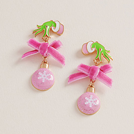 Green Monster Hand Holiday Bow Snowflake Christmas Ornament Link Drop Dangle Earrings