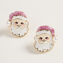 Pearl Glittered Hat Santa Face Stud Earrings