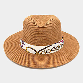 Chain Printed Silk Like Fabric Band Straw Fedora Hat