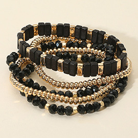 5PCS - Mixed Shape Textured Beaded Stretch Multi Layered Bracelets