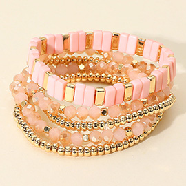 5PCS - Mixed Shape Textured Beaded Stretch Multi Layered Bracelets