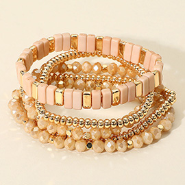 5PCS - Mixed Shape Textured Beaded Stretch Multi Layered Bracelets