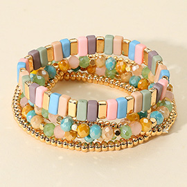 5PCS - Mixed Shape Textured Beaded Stretch Multi Layered Bracelets