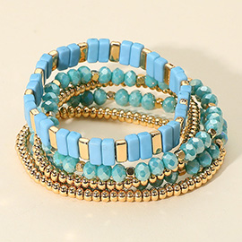 5PCS - Mixed Shape Textured Beaded Stretch Multi Layered Bracelets
