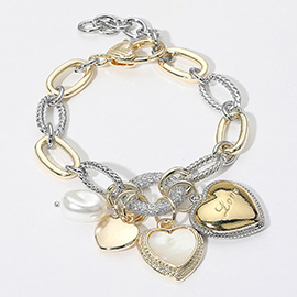 14K Gold Plated Two Tone CZ Stone Paved Ring Mother of Pearl Heart LOVE Oval Pearl Charm Accent Chain Link Bracelet
