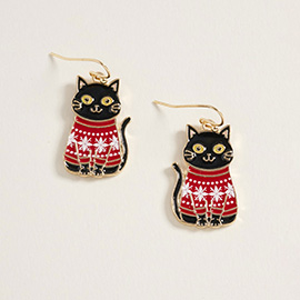 Holiday Sweater Black Cat Dangle Earrings