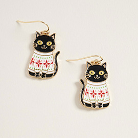 Holiday Sweater Black Cat Dangle Earrings