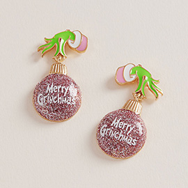 Green Monster Hand MERRY CHRISTMAS Glittered Ornament Dangle Earrings