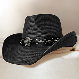 Metal Steer Head Emblem Studded Faux Leather Band Western Straw Cowboy Fedora Hat