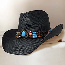 Boho Stone Beaded Band Western Straw Cowboy Fedora Hat
