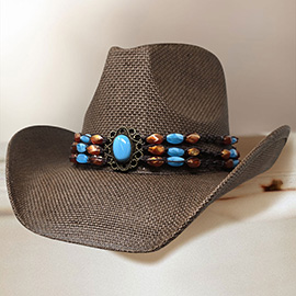 Boho Stone Beaded Band Western Straw Cowboy Fedora Hat