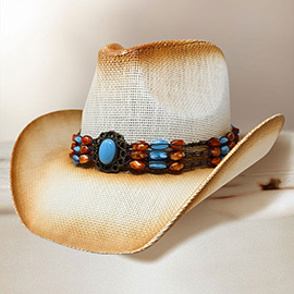 Boho Stone Beaded Band Western Straw Cowboy Fedora Hat
