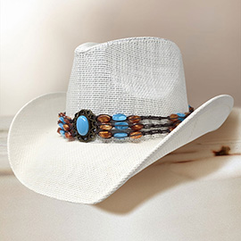 Boho Stone Beaded Band Western Straw Cowboy Fedora Hat