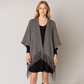 Fringe Open Knit Crochet Draped Shawl Wrap Ruana Poncho