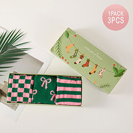 3Pairs - Checkered Striped Bow Pattern Cozy Fuzzy Socks Gift Set
