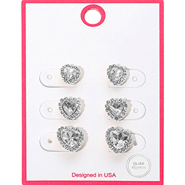 3Pairs - Silver Dipped Graduated Size Crystal Heart Stud Earring Set