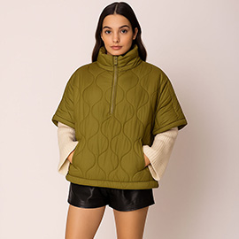 Quilted Short Sleeves Puffer Pullover Poncho