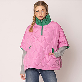 Quilted Short Sleeves Puffer Pullover Poncho