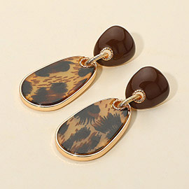 Glossy Finish Leopard Patterned Teardrop Link Drop Earrings