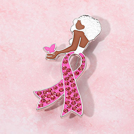Stone Paved Pink Ribbon Enamel Afro Woman Pin Brooch