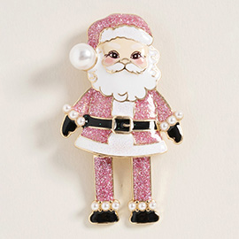 Pearl Accent Glittered Santa Pin Brooch